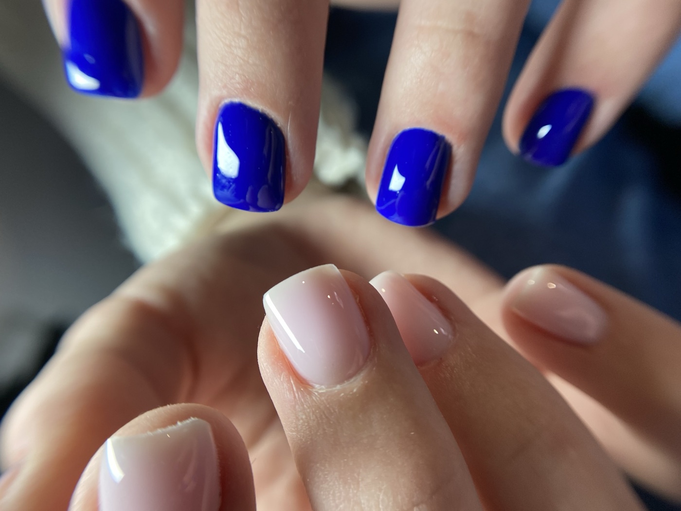 Blue gel polish manicure, short square shape