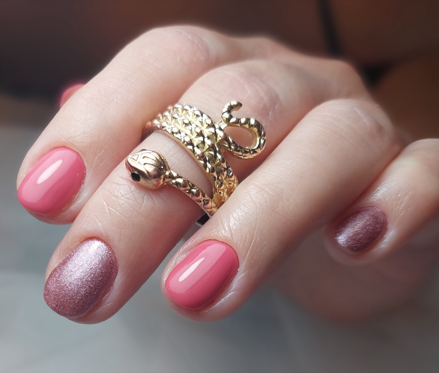 Mauve and pearlescent gel polish manicure