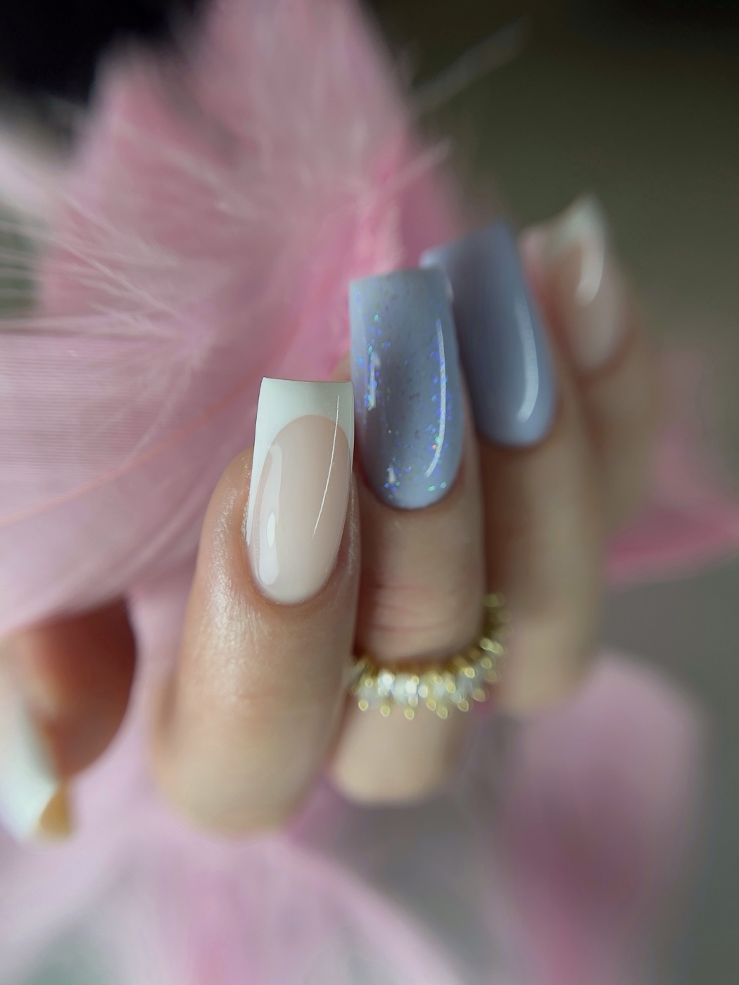 Grey glitter and French gel polish combination
